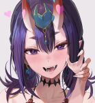  1girl :d absurdres alternate_hairstyle black_choker blush choker collarbone earrings eyebrows_visible_through_hair eyelashes fangs fate/grand_order fate_(series) fingernails forehead_jewel freng grey_background hair_between_eyes heart highres horns jewelry lips looking_at_viewer medium_hair oni_horns open_mouth portrait purple_hair sharp_fingernails shuten_douji_(fate) shuten_douji_(halloween_caster)_(fate) simple_background smile solo sweatdrop thick_eyebrows violet_eyes 