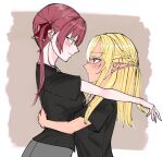  2girls arms_around_waist black_shirt blonde_hair blush braid dark-skinned_female dark_skin french_braid from_side hair_ribbon highres hololive houshou_marine long_hair multiple_girls pointy_ears profile red_eyes red_ribbon redhead ribbon shiranui_flare shirt smile t-shirt twintails upper_body virtual_youtuber yellow_eyes yuri zanka_adashino 