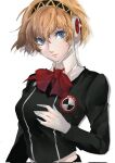  1girl aegis_(persona) android bangs black_shirt blonde_hair blue_eyes bow bowtie closed_mouth collared_shirt gekkoukan_high_school_uniform hair_between_eyes hair_ornament hairband headphones highres joints lips long_sleeves looking_at_viewer persona persona_3 pertex_777 pink_lips red_bow red_neckwear robot robot_ears robot_joints school_uniform shirt short_hair simple_background solo uniform upper_body white_background 