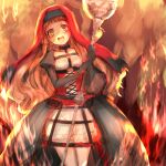  1girl :d bangs black_gloves blonde_hair corset dress elbow_gloves fire gloves hair_between_eyes holding holding_staff little_red_riding_hood_(sinoalice) long_hair long_sleeves open_mouth red_dress redhead sinoalice smile solo staff teroru yellow_eyes 