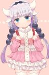  1girl backpack bag beads blue_eyes bow capelet dragon_girl dragon_horns dress eyebrows_visible_through_hair hair_beads hair_bow hair_ornament highres horns kanna_kamui kobayashi-san_chi_no_maidragon long_hair low_twintails pink_background pink_dress pink_hair randoseru ribbon short_dress simple_background solo spring_666 thigh-highs twintails white_capelet white_legwear 