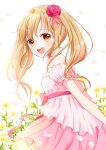  1girl :d bangs blonde_hair blush commentary_request detached_sleeves dress eyebrows_visible_through_hair flower hair_flower hair_ornament highres jewelry looking_at_viewer necklace open_mouth original pink_dress sidelocks smile solo tiramisu651 white_background yellow_eyes 