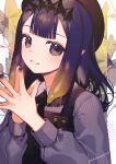  1girl absurdres artist_name bangs black_headwear blush commentary fingers_together hat highres hinasumire hololive long_hair long_sleeves looking_at_viewer ninomae_ina&#039;nis pointy_ears purple_hair purple_sweater sidelocks smile solo sweater tiara violet_eyes 