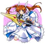  1girl bangs black_gloves brown_hair closed_mouth commentary_request eyebrows_visible_through_hair fingerless_gloves gloves hair_ribbon jacket juliet_sleeves long_hair long_sleeves looking_to_the_side lyrical_nanoha magic_circle magical_girl mahou_shoujo_lyrical_nanoha_strikers medium_skirt puffy_sleeves raising_heart ribbon san-pon skirt smile solo standing takamachi_nanoha violet_eyes white_background white_jacket white_ribbon white_skirt 