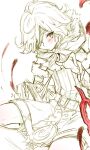  1boy antenna_hair bangs belt belt_buckle book buckle chain closed_mouth eyepatch fingerless_gloves gloves hair_over_one_eye holding holding_book looking_at_viewer pinocchio_(sinoalice) shirt shorts simple_background sinoalice sketch solo teroru white_background white_hair white_shirt white_shorts 