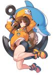  1girl absurdres anchor ataruman backpack bag bike_shorts black_gloves black_shorts brown_eyes brown_hair commentary_request dolphin full_body gloves guilty_gear guilty_gear_strive hat highres holding_anchor long_hair may_(guilty_gear) midriff navel one_eye_closed orange_footwear orange_headwear shoes shorts simple_background skull_and_crossbones smile solo white_background 