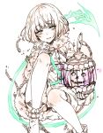  1girl bangs black_nails boots cage chain dress green_eyes gretel_(sinoalice) grin hair_between_eyes holding knees_up long_sleeves looking_at_viewer nail_polish short_hair simple_background sinoalice sketch smile solo teeth teroru unfinished white_background white_dress white_footwear white_hair 