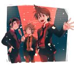  3boys :d alternate_costume bangs blake_(pokemon) brown_hair champagne_flute closed_mouth collared_shirt commentary_request cup drinking_glass ethan_(pokemon) hair_between_eyes hand_on_hip holding jacket looking_to_the_side male_focus multiple_boys necktie open_clothes open_jacket open_mouth pants pokemon pokemon_adventures red_eyes ruby_(pokemon) shirou_(shiro_uzr) shirt short_hair smile spread_fingers teeth tongue 