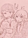  1boy 1girl bangs blush braid collared_shirt commentary_request dangan_ronpa_(series) dangan_ronpa_2:_goodbye_despair greyscale hair_ornament hairclip handheld_game_console hat highres holding holding_handheld_game_console hood hooded_jacket jacket jumpsuit monochrome nanami_chiaki neck_ribbon open_clothes open_jacket ribbon sharp_teeth shirt short_hair side_braid sleeves_past_wrists souda_kazuichi sweatdrop tearing_up teeth traditional_media two-tone_shirt upper_body yuki_maru_(yukimaru_1) 