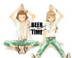  2girls arm_support bangs beer_can belt brown_eyes brown_hair can closed_mouth collarbone commentary_request denim earrings english_text eyebrows_visible_through_hair hand_up hands_up highres holding holding_can ise-san_to_shima-san ise_kanae jeans jewelry licking_lips light_brown_hair long_hair looking_at_viewer multiple_girls object_on_head official_art one_eye_closed pants parted_lips shadow shima_mamori shirt short_hair short_sleeves simple_background sitting smile spread_legs tank_top teeth tokuwotsumu tongue tongue_out watch watch white_background white_shirt white_tank_top 