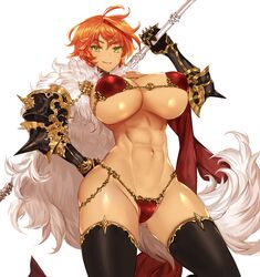  1girl abs apt arm_behind_back armor ass_visible_through_thighs axe bikini bikini_armor breasts cape eyebrows_visible_through_hair from_below fur fur_cape gauntlets green_eyes highres large_breasts orange_hair original short_hair solo swimsuit thigh-highs under_boob 