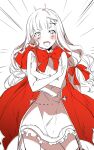 1girl :d bangs cape dress hair_between_eyes hair_ornament hair_ribbon little_red_riding_hood_(sinoalice) long_hair open_mouth red_cape ribbon shirt sinoalice sketch smile solo teroru v-shaped_eyebrows white_dress white_hair white_shirt 