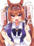  1girl :o animal_ears bangs blue_bow blue_shirt blush bow breasts brown_hair commentary_request daiwa_scarlet_(umamusume) eyebrows_visible_through_hair fang hair_between_eyes hair_intakes hand_on_hip hand_up highres horse_ears index_finger_raised large_breasts long_hair looking_at_viewer open_mouth pleated_skirt puffy_short_sleeves puffy_sleeves red_eyes school_uniform shirt short_sleeves simple_background skirt solo suzunone_rena tiara tracen_school_uniform translation_request twintails umamusume v-shaped_eyebrows very_long_hair white_background white_skirt 
