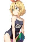  1girl ball beachball blonde_hair bob_cut green_eyes hair_between_eyes hair_ribbon haruyuki_(gffewuoutgblubh) highres idolmaster idolmaster_cinderella_girls name_tag one-piece_swimsuit ribbon sakurai_momoka school_swimsuit short_hair simple_background solo swimsuit thighs translation_request white_background 