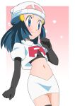  1girl alternate_costume beanie black_gloves blue_eyes blue_hair blush closed_mouth commentary_request cropped_jacket hikari_(pokemon) elbow_gloves eyelashes gloves hainchu hair_ornament hairclip hand_up hat highres jacket long_hair midriff navel pokemon pokemon_(anime) pokemon_dppt_(anime) skirt smile solo team_rocket_uniform white_headwear white_jacket white_skirt 