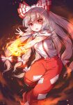  1girl absurdres arms_up bangs bow caramell0501 collar dark_background eyebrows_visible_through_hair fire fujiwara_no_mokou hair_bow hands_up highres holding light long_hair looking_at_viewer multicolored_bow open_mouth pants red_bow red_eyes red_pants running shadow shirt short_sleeves silver_hair solo touhou white_bow white_collar white_shirt white_sleeves 