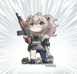  1girl :3 ak-47 animal_ear_fluff assault_rifle belt black_belt black_jacket blush chibi ear_piercing fur_trim grey_eyes grey_hair grey_skirt gun halter_top halterneck handgun highres holding holding_gun holding_weapon hololive in_shopping_cart jacket kalashnikov_rifle navel off_shoulder piercing pistol portablepotato rifle shishiro_botan single_legging skirt smile smug solo_focus ssrb torn_clothes torn_legwear virtual_youtuber weapon 