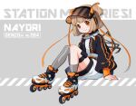  1girl asymmetrical_legwear blush brown_hair character_name character_request commentary_request english_text eyelashes grey_legwear hair_ornament hair_ribbon happy inline_skates jacket kashito05 looking_at_viewer medium_hair orange_eyes ribbon roller_skates short_twintails sitting skates smile solo station_memories thigh-highs thighs twintails 