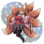  1girl :d animal_ear_fluff animal_ears black_legwear black_skirt boots breasts bright_pupils brown_footwear brown_hair commentary commission english_commentary fox_ears fox_tail full_body green_eyes highres jacket lamb-oic029 large_breasts long_hair looking_at_viewer multiple_tails off_shoulder open_mouth original pantyhose pink_jacket pleated_skirt plushmallow red_vest skirt sleeves_past_fingers sleeves_past_wrists smile solo sweater tail twintails very_long_hair vest white_pupils white_sweater 