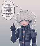  1boy ahoge android bangs black_gloves cheer_(cheerkitty14) dangan_ronpa_(series) dangan_ronpa_v3:_killing_harmony english_commentary english_text glados gloves grey_background grey_eyes grey_hair hair_between_eyes hand_up headphones highres index_finger_raised keebo looking_at_viewer male_focus open_mouth outline portal_(series) short_hair solo speech_bubble upper_body white_outline 