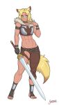  1girl abs animal_ears armband artist_name blonde_hair choker commission english_commentary fantasy gloves grey_eyes highres holding holding_sword holding_weapon jewelry midriff muscular muscular_female navel original ring shardanic short_hair simple_background solo standing sword tail watermark weapon white_background wolf_ears wolf_girl wolf_tail 