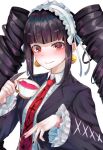  1girl bangs black_hair black_jacket black_nails blunt_bangs blush bonnet celestia_ludenberg closed_mouth collared_shirt commentary_request cup dangan_ronpa:_trigger_happy_havoc dangan_ronpa_(series) drill_hair earrings fingernails frilled_sleeves frills gothic_lolita hair_ornament hairband highres holding holding_cup jacket jewelry lolita_fashion long_hair long_sleeves looking_at_viewer nail_polish necktie open_clothes open_jacket print_neckwear red_eyes red_neckwear shirt simple_background smile solo teacup twin_drills twintails upper_body white_background white_shirt yuunamida_uyu 