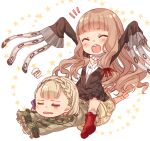  2girls :d :o bangs barefoot blonde_hair boots braid briar_rose_(sinoalice) closed_eyes full_body hair_between_eyes little_red_riding_hood_(sinoalice) long_hair long_sleeves lying multiple_girls on_stomach open_mouth outstretched_arms red_footwear short_hair simple_background sinoalice sitting sitting_on_person smile star_(symbol) teroru white_background 