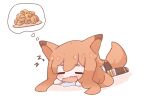  1girl animal_ears arknights bangs black_legwear blush ceobe_(arknights) closed_eyes colored_shadow dreaming drooling food kurotofu lying on_stomach open_mouth outline saliva shadow short_eyebrows sleeping solo tail thick_eyebrows thigh-highs wavy_mouth white_background white_outline 