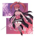  1girl bandaged_leg bandages barefoot black_cape breasts bright_pupils cape commentary english_commentary full_body hair_between_eyes high_ponytail highres holding holding_sword holding_weapon lamb-oic029 leotard medium_breasts navel orange_eyes original pink_leotard rapier redhead smile solo sword torn_cape torn_clothes weapon white_pupils 
