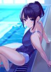  1girl absurdres bangs bare_shoulders blue_eyes blue_hair blue_swimsuit blush breasts highleg highleg_swimsuit highres kagematsuri large_breasts long_hair looking_at_viewer one-piece_swimsuit original ponytail poolside sitting soaking_feet solo swimsuit thigh-highs thighs wet 