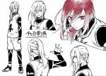  1boy bangs blue_lock chigiri_hyoma full_body gym_uniform hair_between_eyes hieroglyphics long_hair male_focus monochrome multiple_views parted_lips pink_eyes redhead spot_color tarou_(run) upper_body white_background 