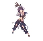  1girl absurdres armpits bangs bridal_gauntlets choker closed_mouth collarbone commentary_request dual_wielding fire_emblem fire_emblem_fates fire_emblem_heroes full_body hair_ornament highres holding japanese_clothes long_hair midriff navel official_art orochi_(fire_emblem) oukawa_yuu pants purple_hair sandals shiny shiny_hair simple_background smile solo stomach tied_hair toeless_footwear toes violet_eyes white_background 