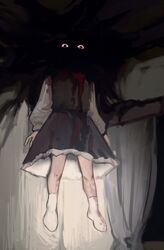  1girl black_dress black_eyes blood bloody_clothes bonedwoo ceiling colored_sclera curtains darkness dress eyes_in_shadow flat_chest floating highres horror_(theme) indoors long_sleeves medium_skirt night red_sclera rumia shirt skirt skirt_set socks touhou vest white_shirt window 