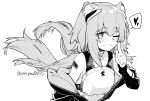  1girl ;d animal_ears arknights armor barcode barcode_tattoo bare_shoulders blush breastplate earpiece eyebrows_visible_through_hair finger_to_cheek gravel_(arknights) greyscale heart highres jacket kingdom_of_kazimierz_logo long_hair monochrome mouse_ears one_eye_closed open_clothes open_jacket simple_background smile solo speech_bubble spoken_heart tattoo twitter_username unzipped white_background yom_(ymayma00ss) 
