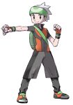  1boy backpack bag beanie brendan_(pokemon) capri_pants clenched_hand closed_mouth fingerless_gloves full_body gloves green_bag hand_up hat holding holding_poke_ball looking_to_the_side lowres male_focus official_art orange_gloves orange_shirt outstretched_arm pants poke_ball pokemon pokemon_(game) pokemon_emerald pokemon_rse popped_collar premier_ball shirt shoes short_sleeves smile solo sugimori_ken transparent_background two-tone_shirt white_headwear wristband 