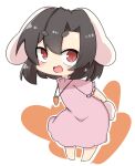  1girl :d animal_ears arms_behind_back bangs barefoot black_hair bunny_tail carrot_necklace dress eyebrows_visible_through_hair floppy_ears full_body highres inaba_tewi looking_at_viewer ooyama_bokuchi open_mouth outline pink_dress rabbit_ears red_eyes short_eyebrows short_hair smile solo tail touhou white_outline 