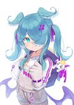  +_+ 1girl :3 absurdres animal_ears aqua_eyes aqua_hair backpack bag bangs commentary elira_pendora gloves grey_overalls hair_ornament hair_over_one_eye hair_ribbon hairclip highres holding_strap klaius long_hair looking_at_viewer multicolored_hair nijisanji nijisanji_en one_eye_covered overalls pikl_(elira_pendora) purple_ribbon ribbon simple_background smile solo twintails two-tone_hair virtual_youtuber white_background white_gloves white_hair 