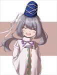  1girl :d ^_^ bangs blue_headwear brown_background closed_eyes eyebrows_visible_through_hair grey_hair hands_in_opposite_sleeves hat hat_ribbon japanese_clothes kariginu long_hair long_sleeves mononobe_no_futo neck_ribbon open_mouth ponytail purple_neckwear purple_ribbon ribbon ribbon-trimmed_sleeves ribbon_trim sifserf smile solo striped striped_background tate_eboshi touhou turtleneck upper_body white_background white_ribbon wide_sleeves 