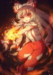  1girl absurdres arms_up bangs bow caramell0501 collar dark_background eyebrows_visible_through_hair fire fujiwara_no_mokou hair_between_eyes hair_bow hands_up highres holding light long_hair looking_at_viewer multicolored_bow open_mouth pants red_bow red_eyes red_pants running shadow shirt short_sleeves silver_hair solo touhou white_bow white_collar white_shirt white_sleeves 
