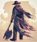  1boy axe beard blood bloodborne bloody_weapon clenched_teeth commentary english_commentary facial_hair father_gascoigne from_behind from_side highres holding holding_axe holding_weapon looking_at_viewer male_focus monster pants shimhaq shoes signature solo standing teeth weapon werewolf 