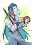  1boy 1girl aqua_eyes black_hair blue_hair commentary_request cowboy_shot crossed_arms highres holding holding_sword holding_weapon index_finger_raised lanxi_zhen li_qingning_(the_legend_of_luoxiaohei) long_hair profile sheath sheathed suncle sword the_legend_of_luo_xiaohei very_long_hair weapon wuxian_(the_legend_of_luoxiaohei) 