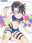  1girl ankle_strap bangs bikini black_hair blue_bikini bodypaint breasts character_name collarbone dotted_line eyewear_removed fishnet_legwear fishnets fleur_de_lis granblue_fantasy grid_background grin headband heart highres holding holding_eyewear illnott ll_0109 looking_at_viewer medium_breasts navel o-ring o-ring_top one_side_up paint sidelocks smile solo star_(symbol) swimsuit teeth 