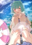  1girl artist_request bangs barefoot blue_dress double_bun dress ghost green_hair highres hololive innertube open_mouth red_eyes reflection ripples short_dress short_hair smile solo squatting strapless strapless_dress uruha_rushia virtual_youtuber water 