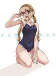  1girl adjusting_eyewear armpits background_text bare_shoulders barefoot blonde_hair blue_eyes blue_swimsuit blush braid commentary_request dekoglasses eyebrows full_body glasses highres kneeling long_hair looking_at_viewer one-piece_swimsuit open_mouth original red-framed_eyewear sasetsu short_eyebrows sidelocks simple_background smile solo swimsuit thick_eyebrows twin_braids white_background 