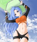  1girl blue_eyes blue_hair blue_sky blush breasts chaesu clouds highres long_hair looking_at_viewer navel original pout sky solo surfboard swimsuit thigh-highs 