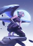  1boy animal_ears barefoot black_pants black_shirt cat_ears feathered_wings green_eyes highres luoxiaohei male_focus moon older pants profile rock shirt short_hair sleeveless solo suncle the_legend_of_luo_xiaohei white_hair white_wings wings 