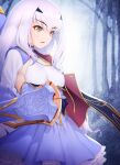  1girl blue_cape blue_dress breasts brown_eyes cape dress fairy_knight_lancelot_(fate) fate/grand_order fate_(series) forest frills highres kazuma_muramasa long_hair long_sleeves nature parted_lips sidelocks small_breasts solo weapon white_hair 