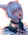  1girl animal_ears bangs cat_ears close-up dark-skinned_female dark_skin face facial_mark final_fantasy final_fantasy_xiv fur_collar grey_eyes gweni lips looking_up miqo&#039;te portrait short_hair solo whisker_markings white_background white_hair y&#039;shtola_rhul 