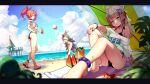  3girls aa-12_(girls_frontline) ahoge ankle_scrunchie arm_support ball bandeau bangs bare_legs barefoot beach beach_mat beachball bikini bikini_under_clothes black_choker black_nails blue_eyes blue_sky blurry blurry_foreground breasts brown_footwear brown_hair can character_request choker clouds commentary_request crop_top day double_bun drinking_straw earrings eyewear_on_head fingerless_gloves girls_frontline gloves gradient_hair green_bikini green_hair hair_ornament hair_ribbon hairclip hand_on_hip hand_on_own_knee hands_up highres holding holding_can jewelry large_breasts leaf long_hair looking_at_viewer lushiying medium_breasts motion_blur multicolored_hair multiple_girls nail_polish ocean octopus off_shoulder outdoors outstretched_arms parted_lips pink_footwear pink_gloves pink_nails pom_pom_(clothes) ponytail purple_choker purple_hair red_eyes ribbon sandals scrunchie see-through shirt short_sleeves side-tie_bikini single_fingerless_glove sitting sky standing standing_on_one_leg star_(symbol) star_earrings starfish strapless sunglasses swimsuit toenail_polish very_long_hair white_shirt wrist_scrunchie x_hair_ornament yellow_eyes 