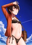  1girl bag bikini black_bikini blue_sky braid brown_hair clouds condensation_trail cowboy_shot highres jacket kantai_collection long_hair messenger_bag o-ring o-ring_bikini o-ring_top open_clothes open_jacket orange_eyes orange_jacket owada_(kousonhuchi) shading_eyes shoulder_bag side-tie_bikini single_braid sky souya_(kancolle) swimsuit 